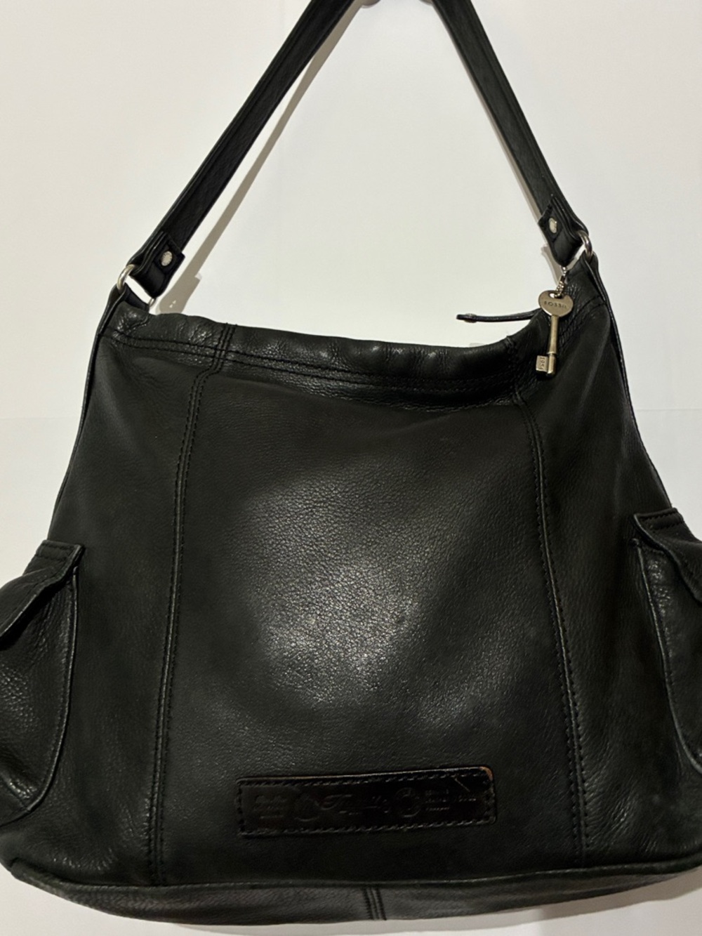 Fossil Black Leather Shoulder Bag with Key Charm